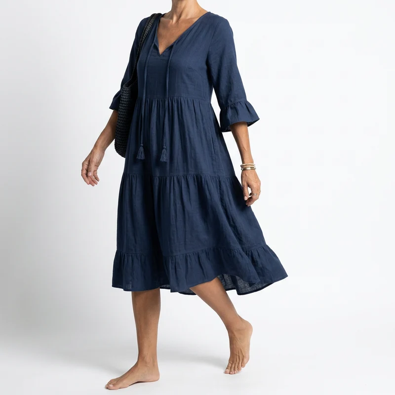Côtelune™ — Robe smockée col V manches volantées