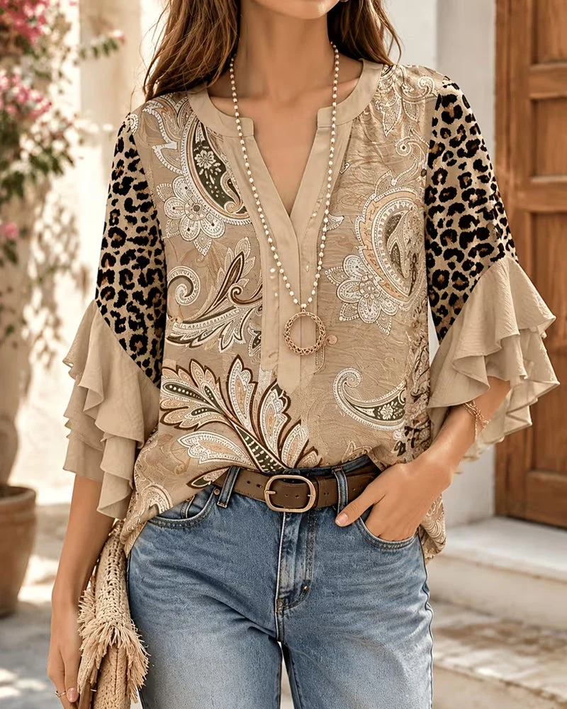 Blouse Léopard Imprimé Panneau Volant Manche