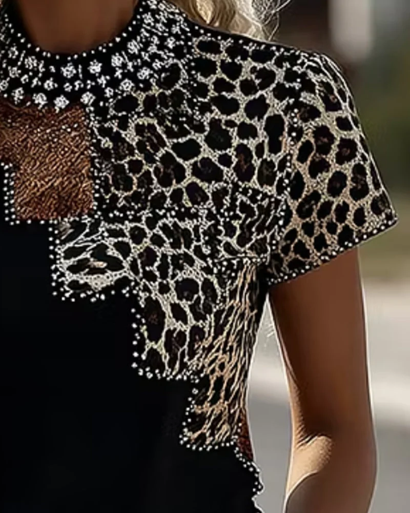 T-Shirt Patchwork Léopard Col Claudine Manches Courtes