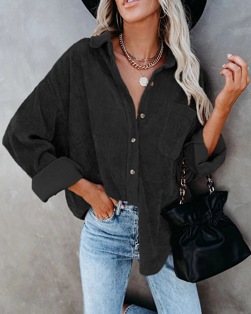 Blouse Unie En Velours Côtelé Avec Poche