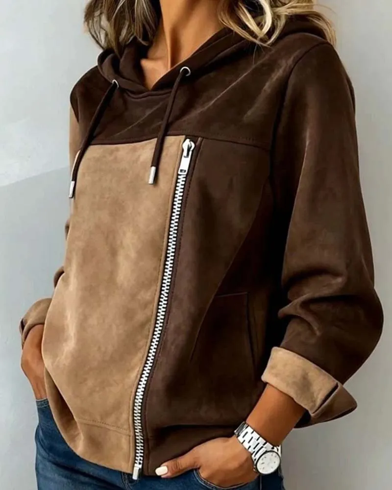 Hoodie À Capuche Cordon De Serrage Contraste Fermeture Éclair