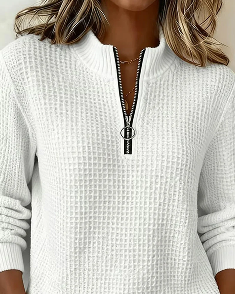 Sweatshirt Col-Debout Fermeture Éclair Manche-Longue Gaufrier