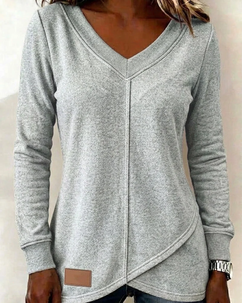Sweatshirt Col-V Manche-Longue Croisé Asymétrique
