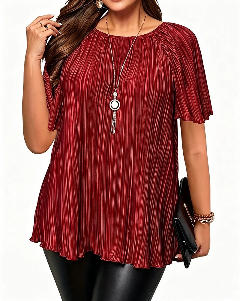 T-Shirt Grande Taille Unie Plissée Manches Courtes