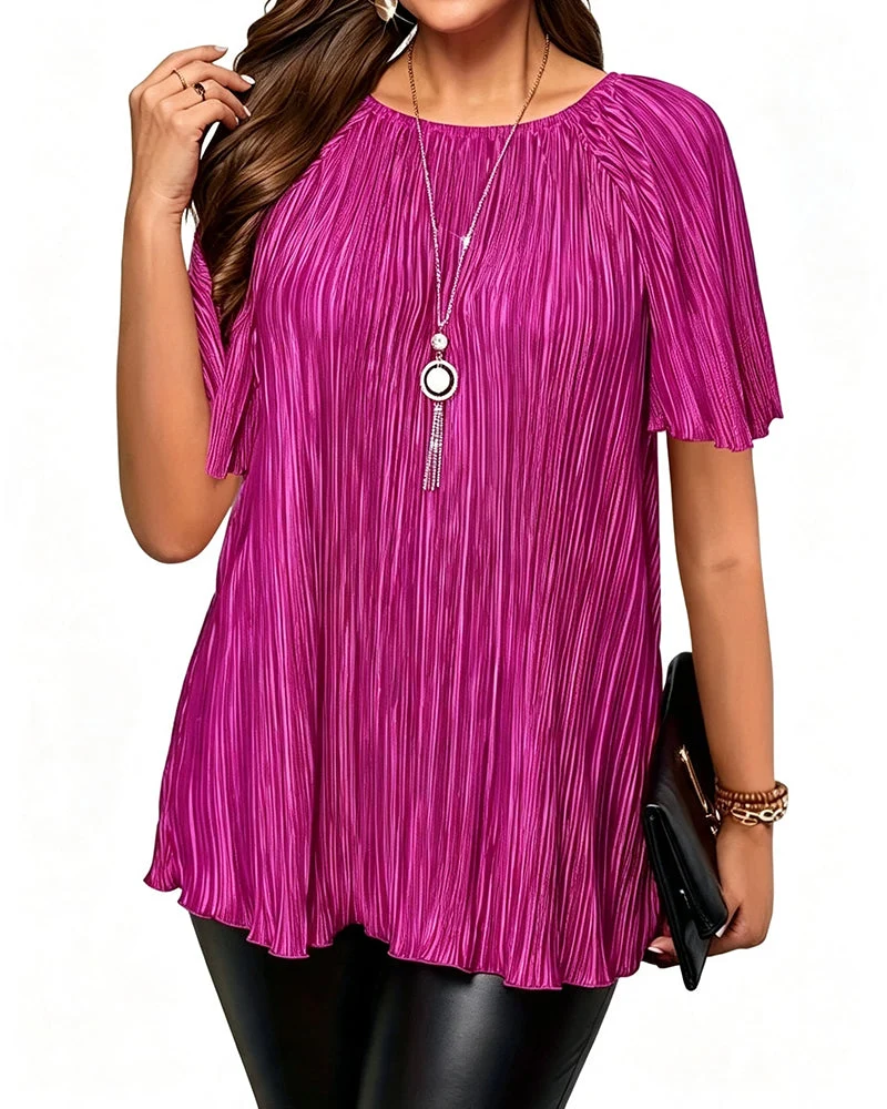 T-Shirt Grande Taille Unie Plissée Manches Courtes