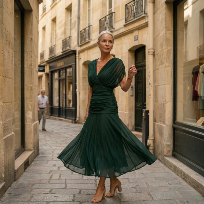 Diane | Robe Maxi Drapée à Col en V et Manches Voilées