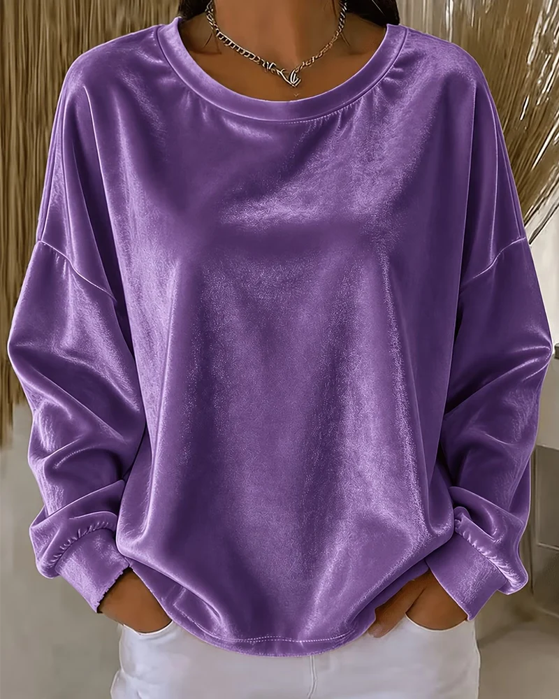 Blouse Col Rond Épaule Tombante Décontractée Manches Longues