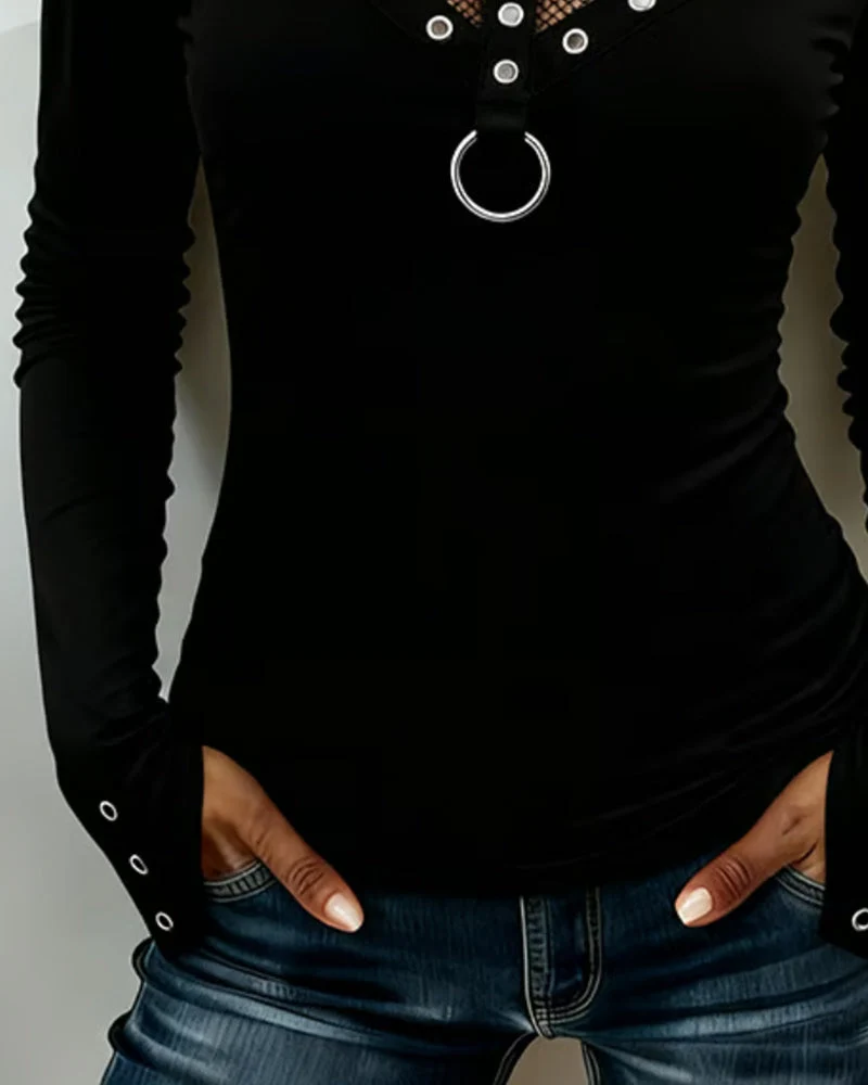 Blouse Col Rond Dentelle Panneau Découpe Anneau Métallique