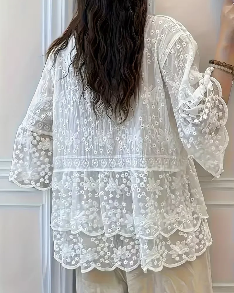 Blouse Manche Courte Dentelle Garniture