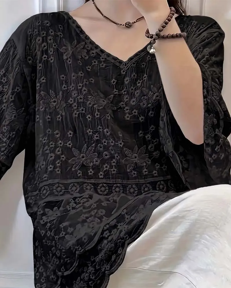 Blouse Manche Courte Dentelle Garniture