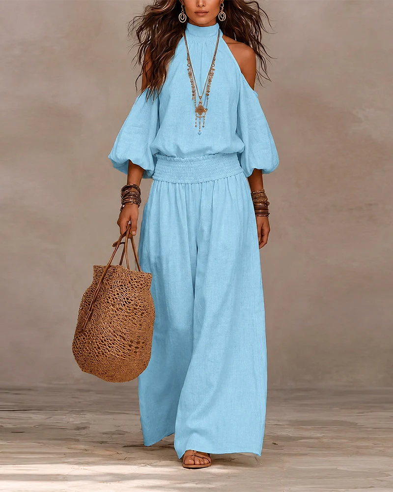 Ensemble Hors-Épaule Manches Longues Froncé Pantalon
