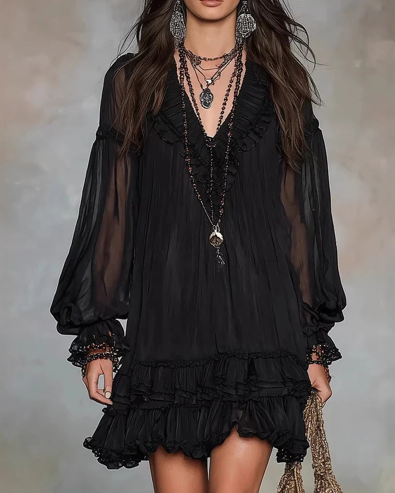Robe Col V Manche Longue Volant