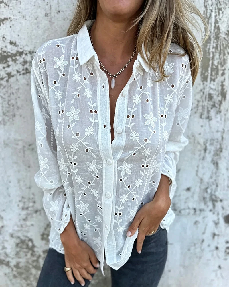 Blouse Florale À Découpe Évidée Manches Longues