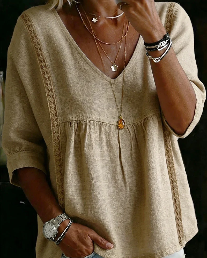 Blouse Volant Garniture Col En V Manche Coude