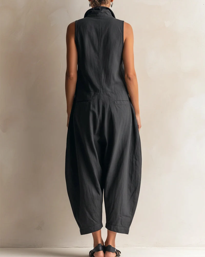 Jumpsuit Revers Sans Manches Poche Cargo