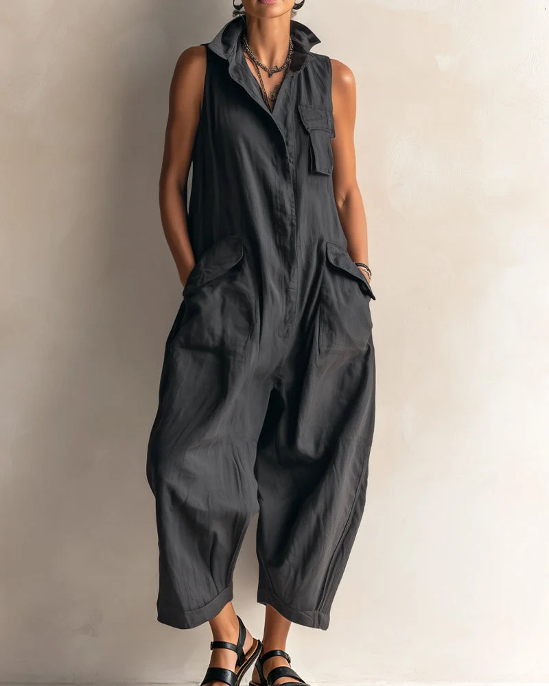 Jumpsuit Revers Sans Manches Poche Cargo