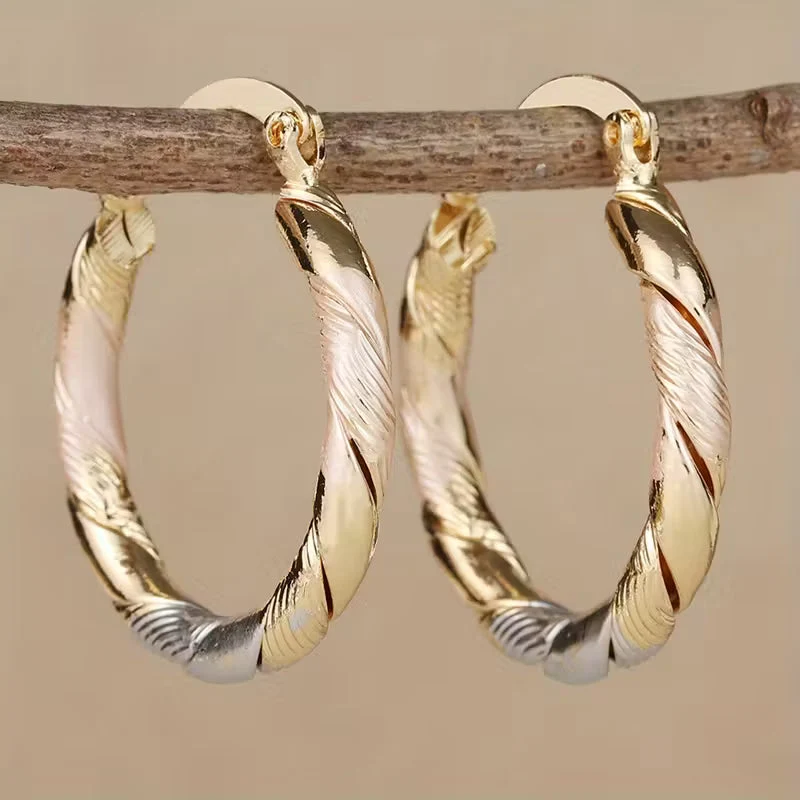 Boucles d'Oreilles Vintage en Aro Rond en Or, Argent et Rose