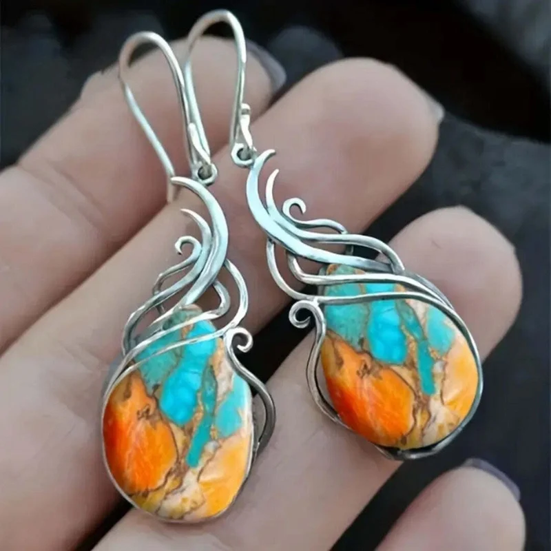 Boucles d'Oreilles Pendantes en Pierres Précieuses Bleues et Orange