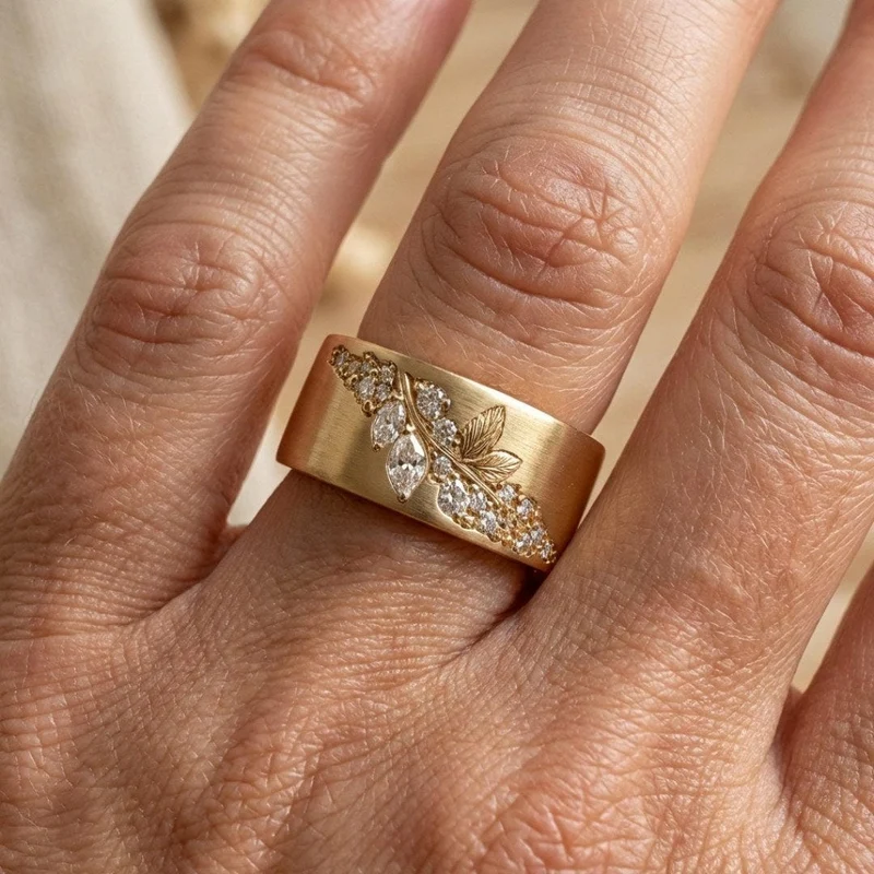 Bague en Feuille avec Incrustation de Zirconia Dorée Exquise