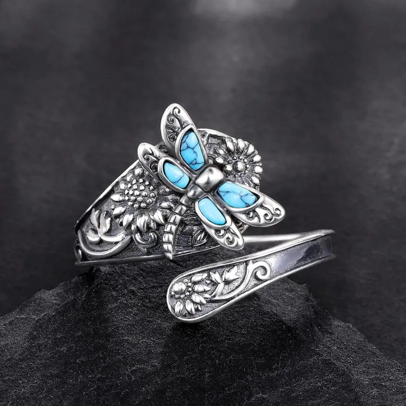 Bague Ajustable en Argent avec Turquoise et Libellule