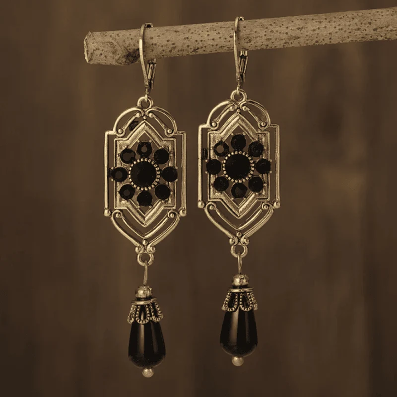 Boucles d'Oreilles en Goutte de Cristal Noir