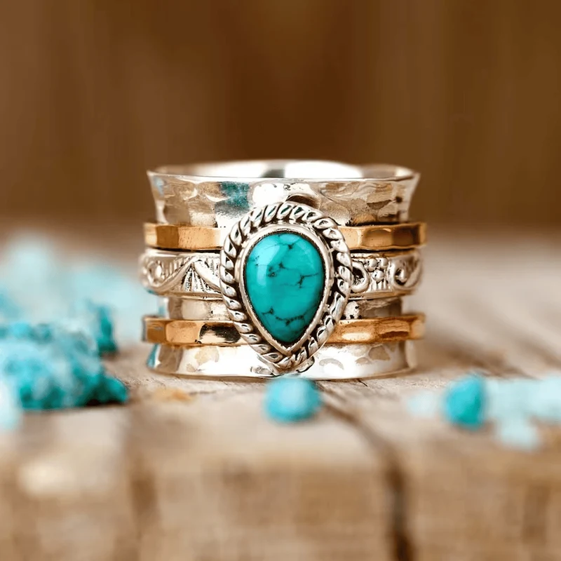 Bague Ancienne en Turquoise Encrustée d'Or et d'Argent