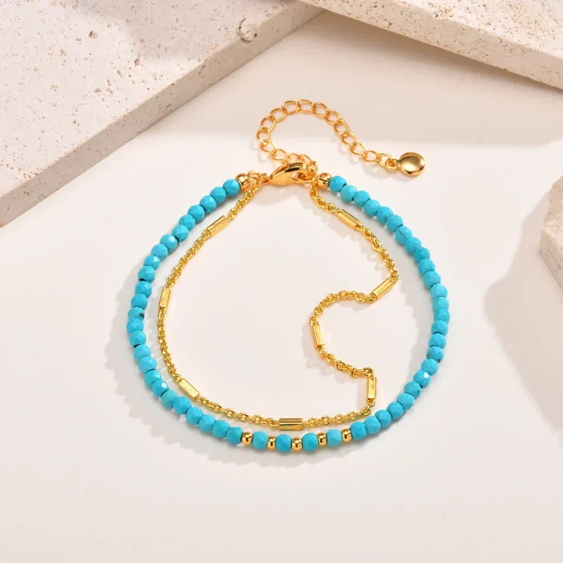 Bracelet en Turquoise avec Double Chaîne en Or Intemporelle