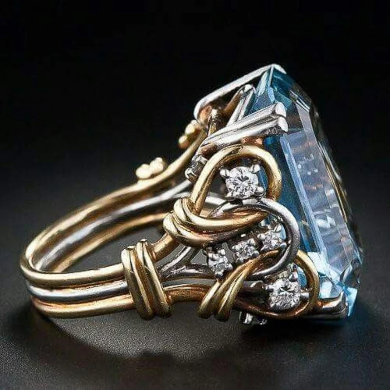 Bague en Or Plaqué avec Zirconium Bleu Vintage