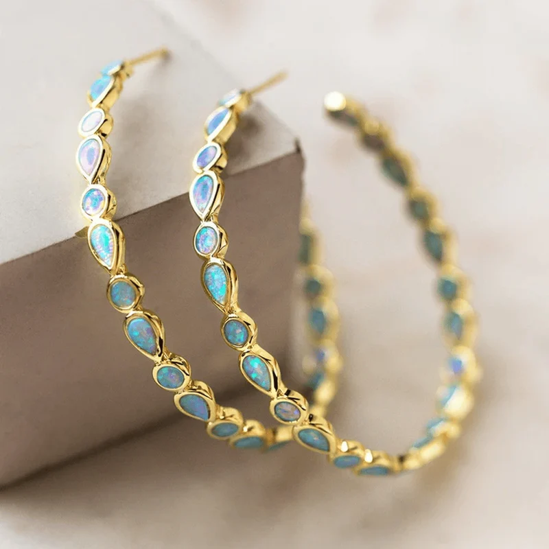 Boucles d'Oreilles Vintage en Anneau d'Opale Bleue
