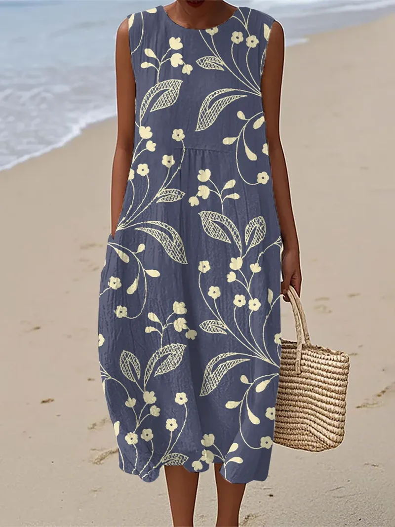Stella | Robe Midi Sans Manches à Fleurs Vintage