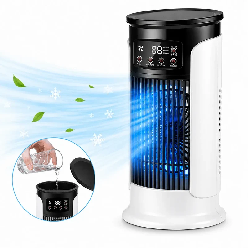 Rafraîchisseur d’Air Portable 3-en-1 avec Brumisation, LED et 6 Vitesses