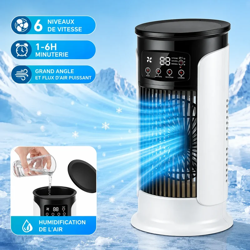 Rafraîchisseur d’Air Portable 3-en-1 avec Brumisation, LED et 6 Vitesses