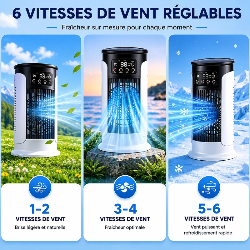 Rafraîchisseur d’Air Portable 3-en-1 avec Brumisation, LED et 6 Vitesses
