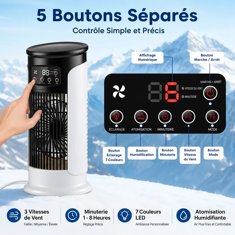 Rafraîchisseur d’Air Portable 3-en-1 avec Brumisation, LED et 6 Vitesses