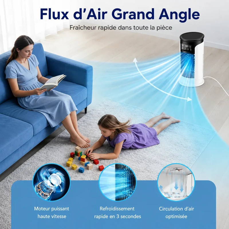 Rafraîchisseur d’Air Portable 3-en-1 avec Brumisation, LED et 6 Vitesses