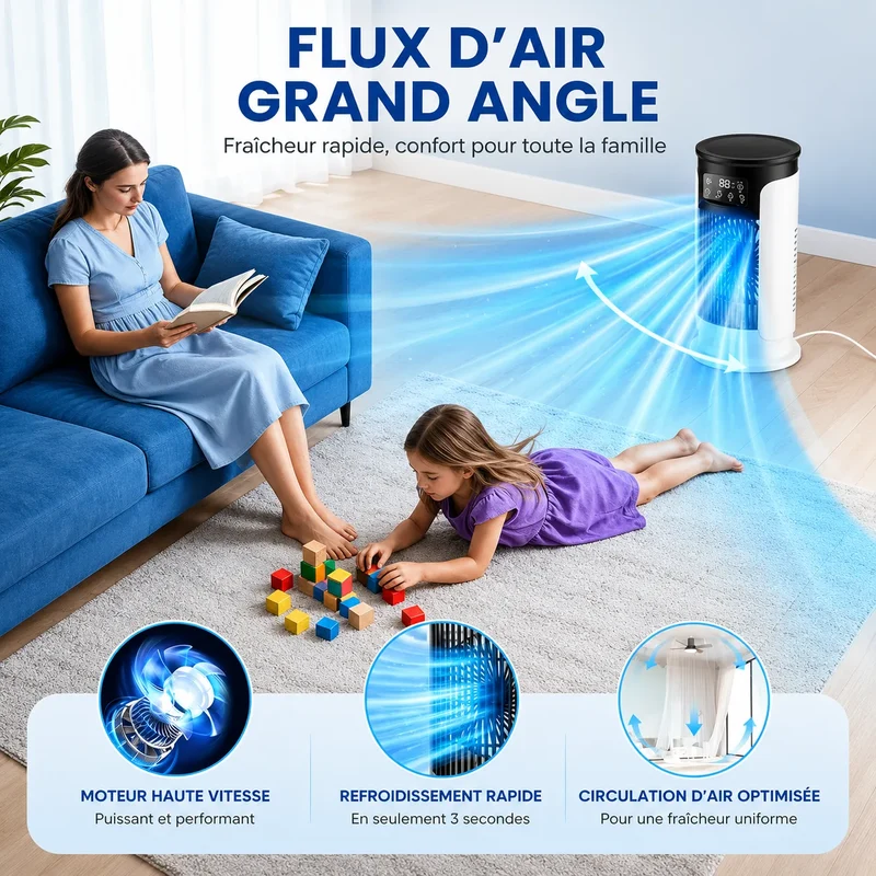 Rafraîchisseur d’Air Portable 3-en-1 avec Brumisation, LED et 6 Vitesses