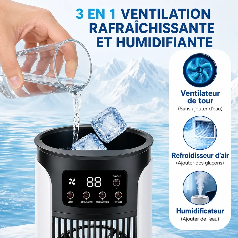 Rafraîchisseur d’Air Portable 3-en-1 avec Brumisation, LED et 6 Vitesses