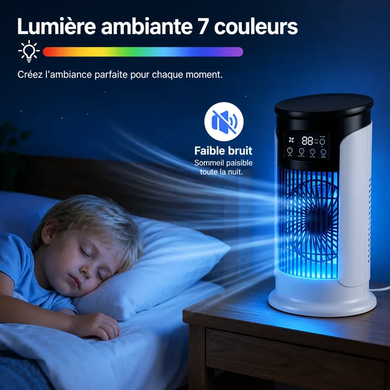 Rafraîchisseur d’Air Portable 3-en-1 avec Brumisation, LED et 6 Vitesses