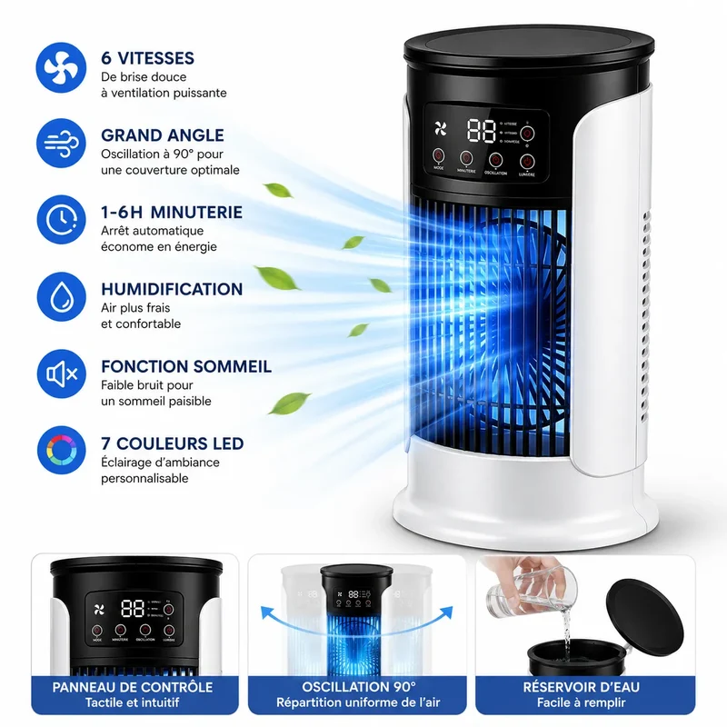 Rafraîchisseur d’Air Portable 3-en-1 avec Brumisation, LED et 6 Vitesses