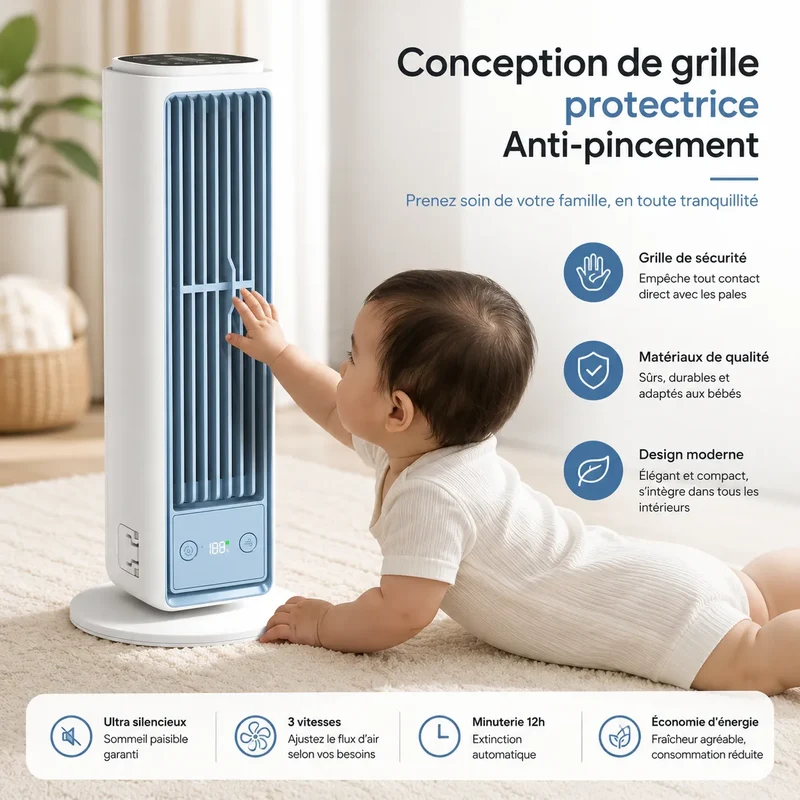 Ventilateur Tour Sans Lames Silencieux à Diffusion d’Air Multidirectionnelle