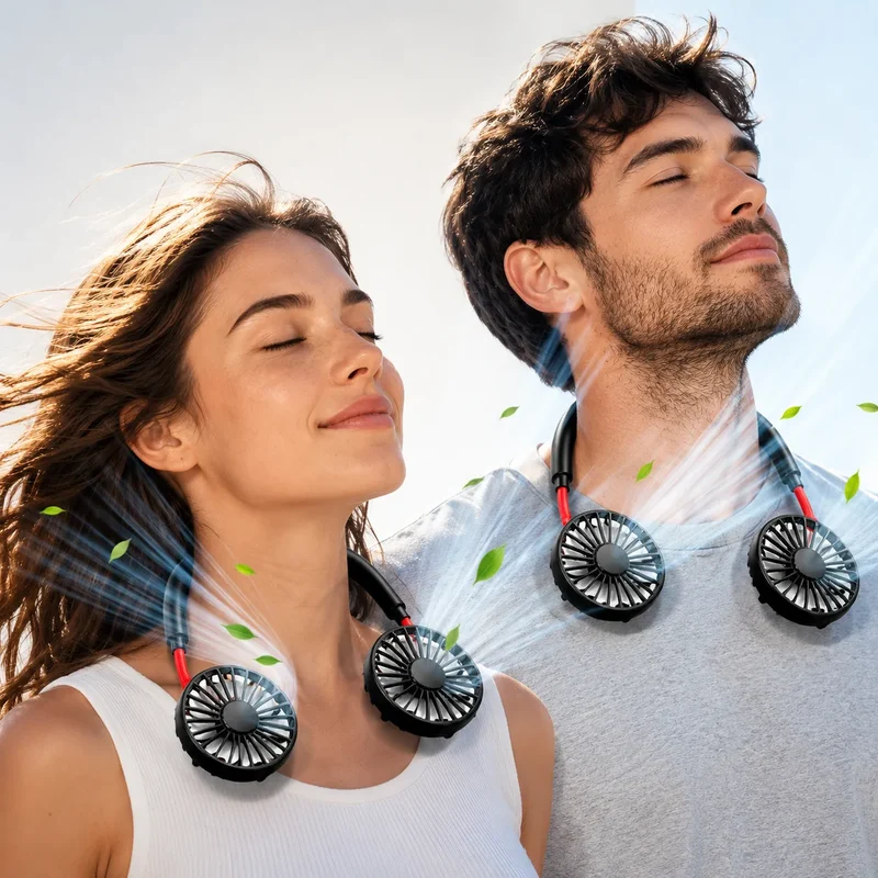 Ventilateur de Cou Rechargeable USB avec Double Tête Rotative et 3 Vitesses