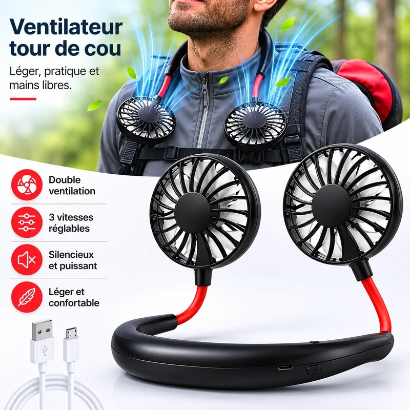 Ventilateur de Cou Rechargeable USB avec Double Tête Rotative et 3 Vitesses