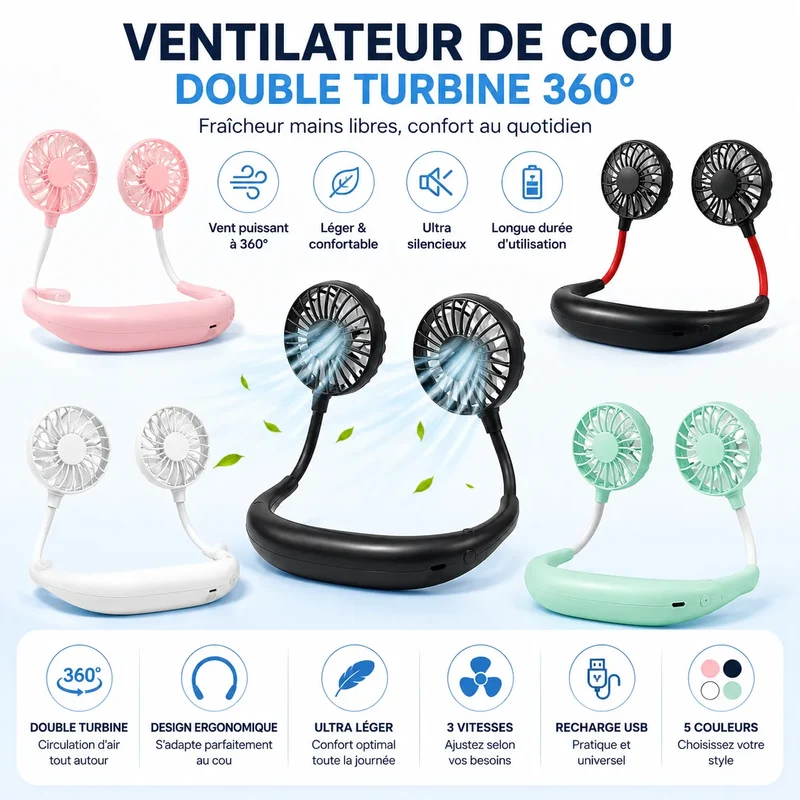 Ventilateur de Cou Rechargeable USB avec Double Tête Rotative et 3 Vitesses