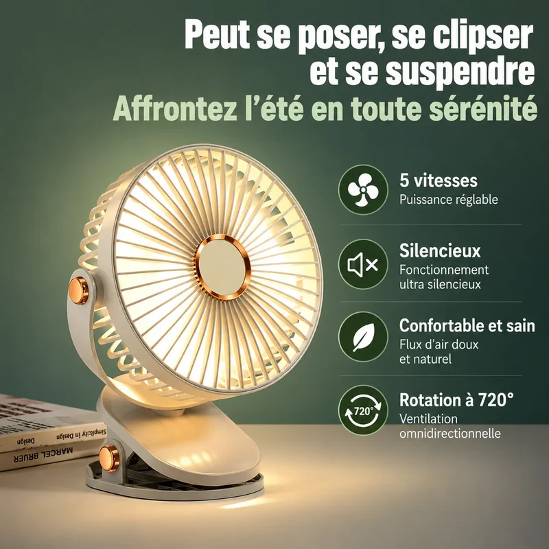 Ventilateur Portable Rechargeable à Clip 8000 mAh avec LED et 5 Vitesses