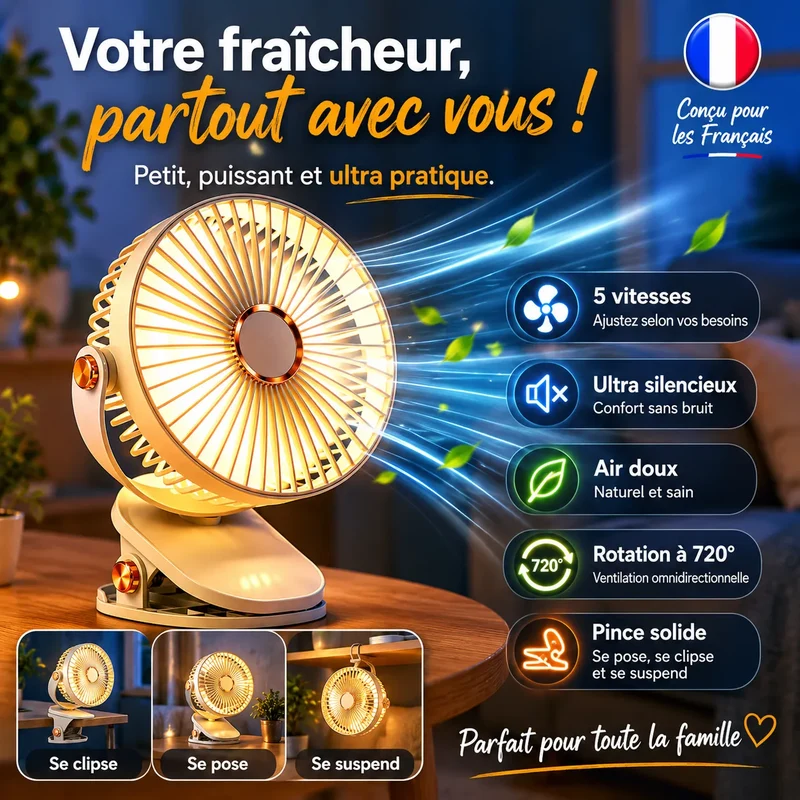 Ventilateur Portable Rechargeable à Clip 8000 mAh avec LED et 5 Vitesses