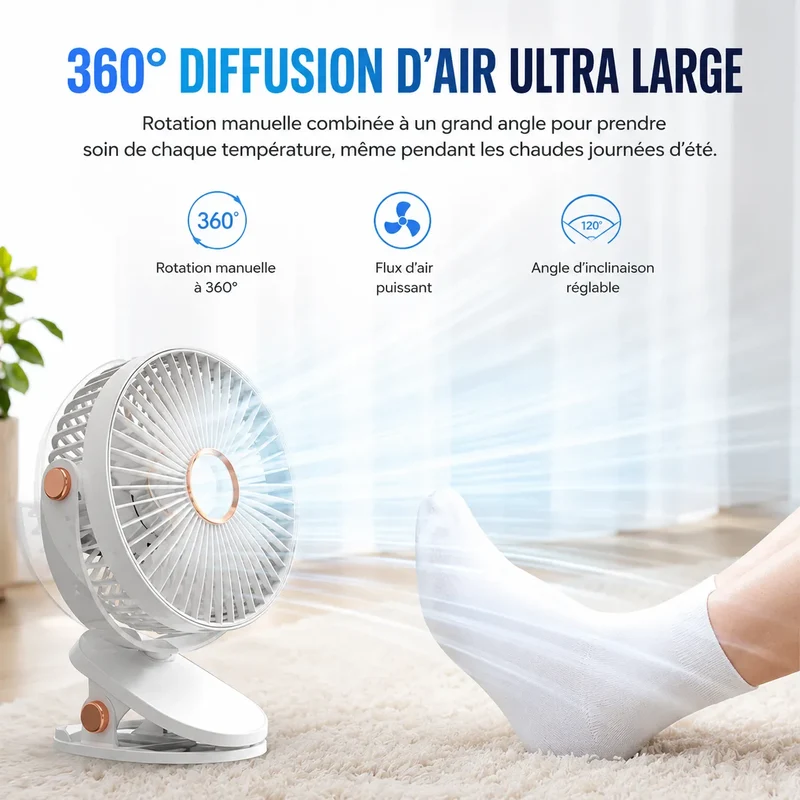 Ventilateur Portable Rechargeable à Clip 8000 mAh avec LED et 5 Vitesses
