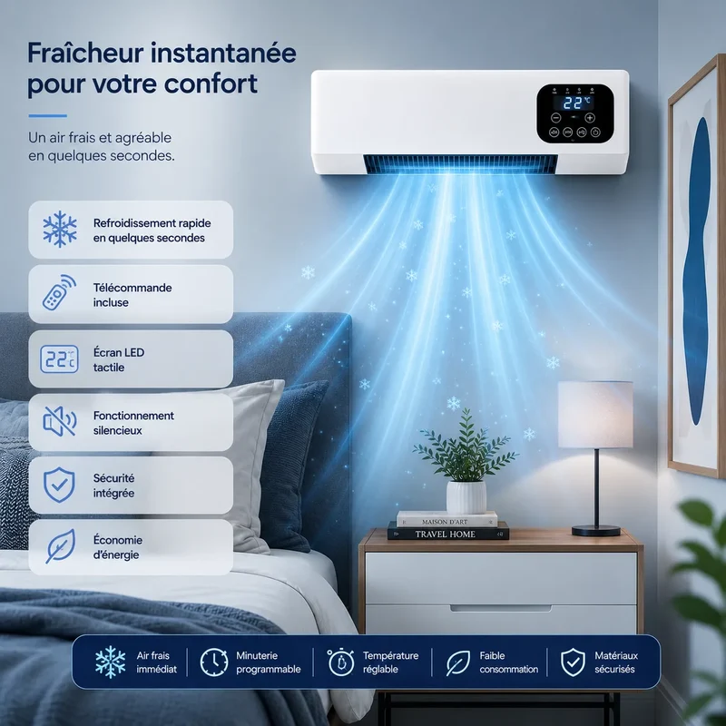 Appareil Mural Chauffage et Ventilation 2000 W avec Télécommande et 3 Vitesses