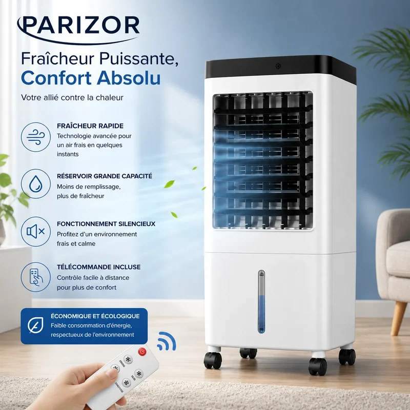 Rafraîchisseur d’Air Portable 10 L avec Télécommande et 3 Vitesses