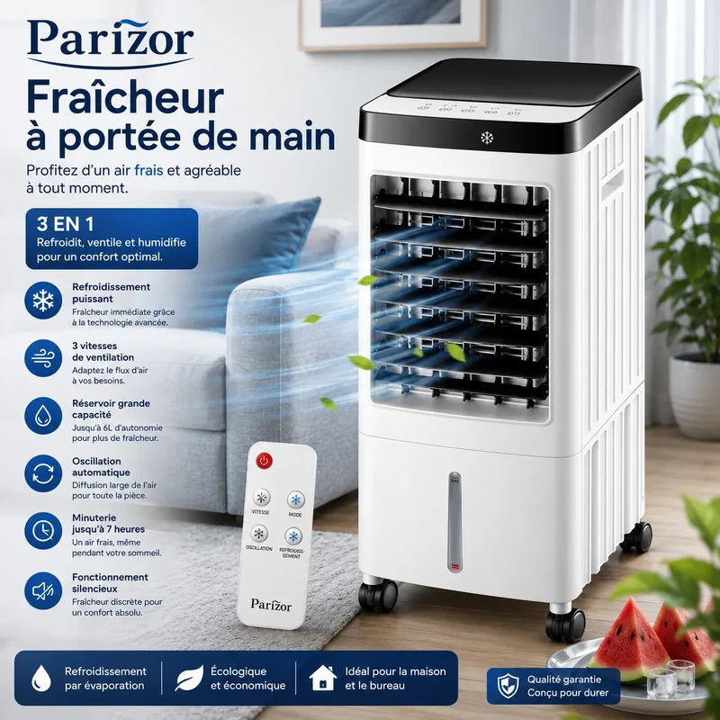 Rafraîchisseur d’Air Portable 10 L avec Télécommande et 3 Vitesses