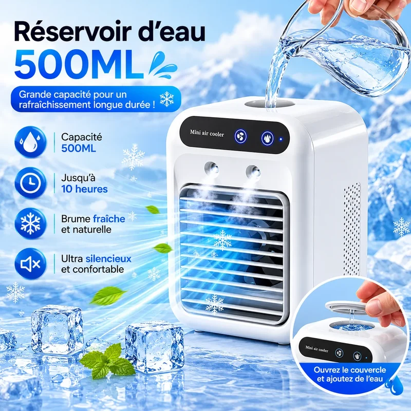Rafraîchisseur d’Air Portable Rechargeable USB avec Brumisation 500 ml